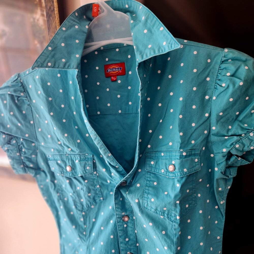 Cotton Vintage Soda-Jerk style blouse collar form-fitting ruffle sleeves Sz S